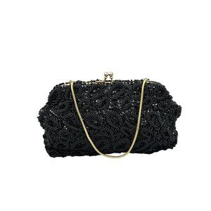 Evening Bag Black Beaded Kiss Lock Rhinestones Gold Chain Sequins See Photos Vtg